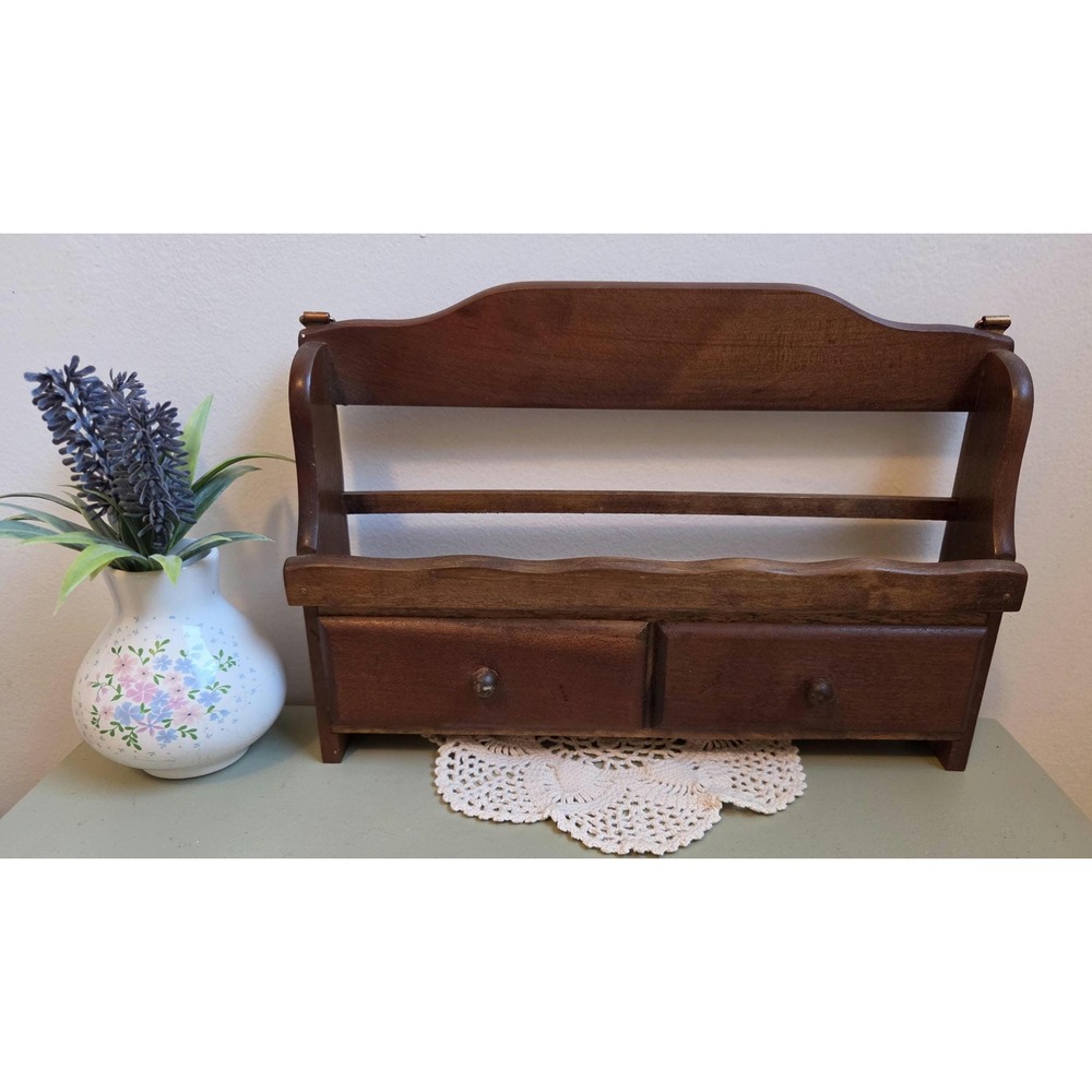 Vintage Wooden Wall Spice Rack 2 Drawers Rustic Kitchen Organizer Shelf